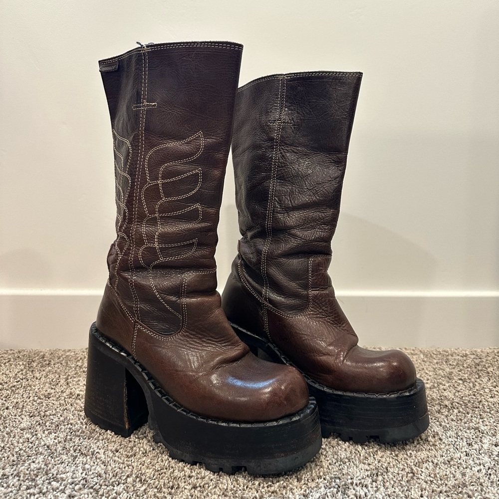 RARE Vintage 90s Destroy Platform Boots Brown 37, 6.5 Chunky Western Heels